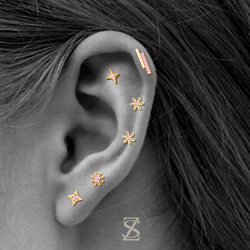 Pink Bubble Star Sparkling Custom Pierced Ear Lobe Stud Earrings
