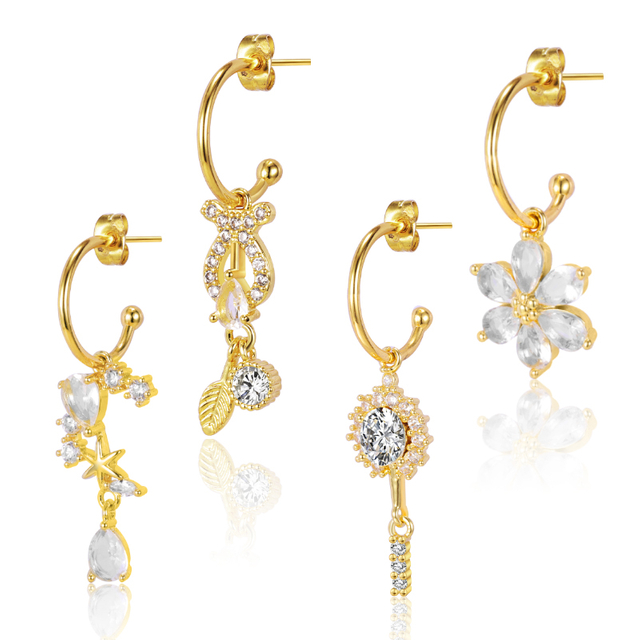 Stainless Steel Drop Stud Earrings Flower Dangle NEH053GD-SB-1