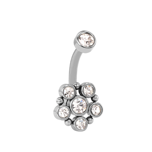 Stainless steel large lotus sapphire inlaid shiny navel ring