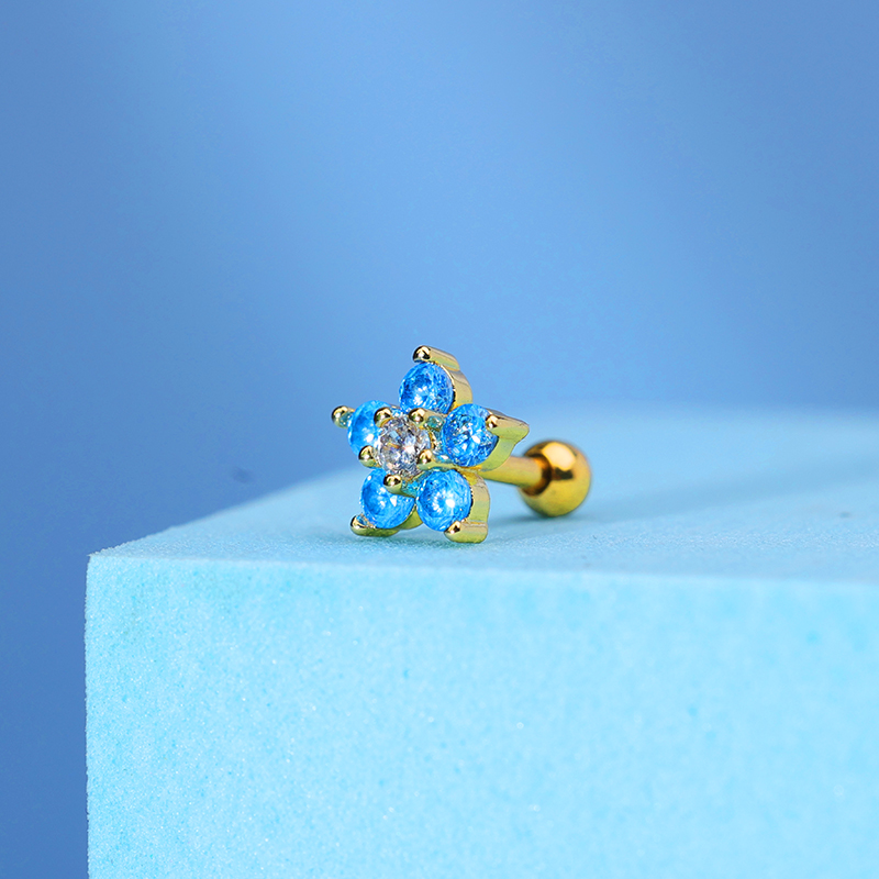 Surgical Steel Ear Stud Blue Flower Crown Diamond NEG138