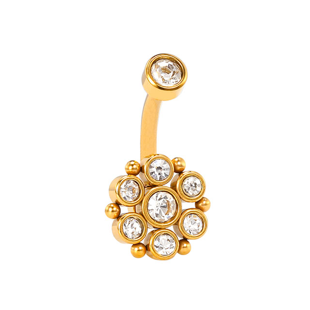 Stainless steel large lotus sapphire inlaid shiny navel ring