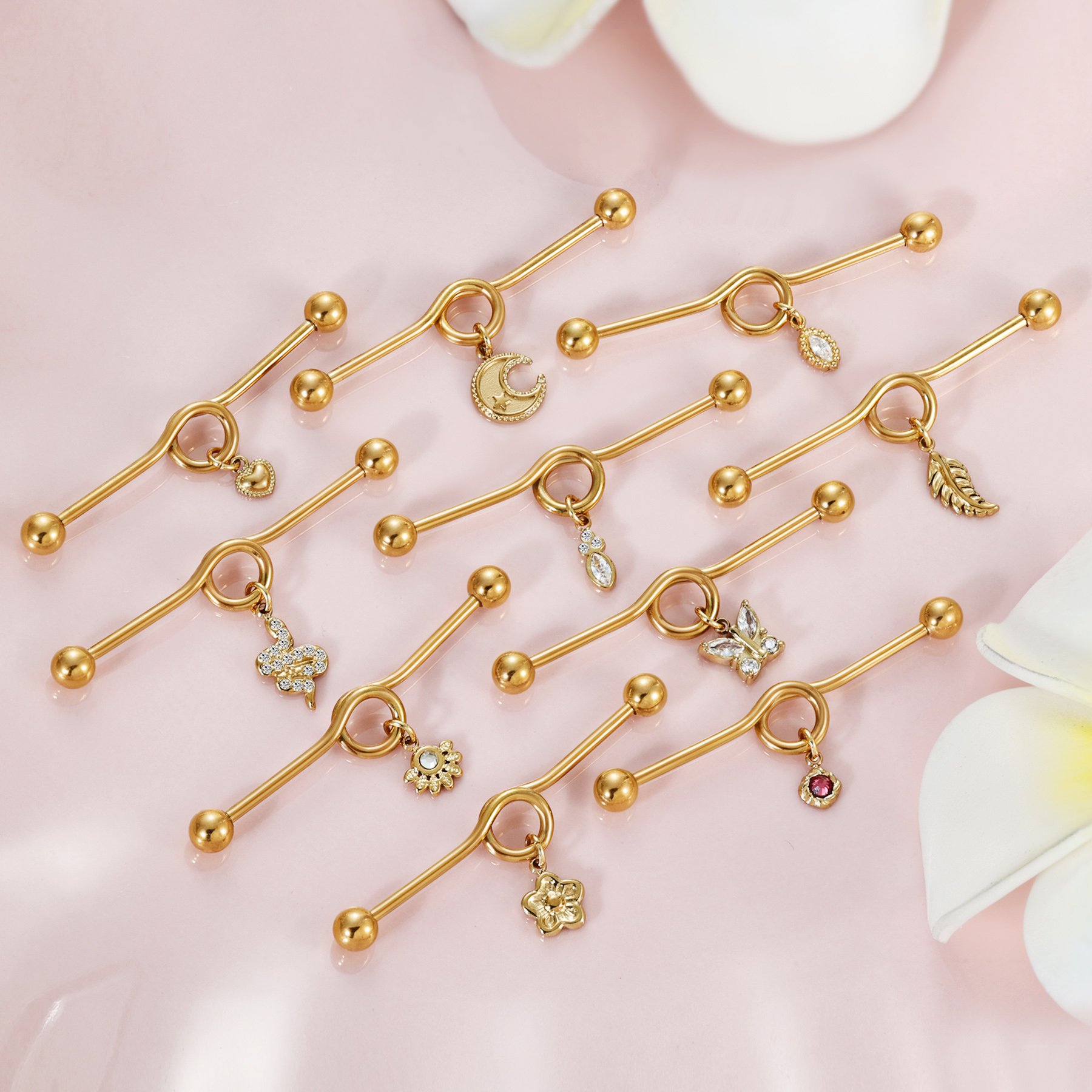 14G 38Mm Industrial Snake Butterfly Moon Ear Piercing Jewelry EGST-00287GD