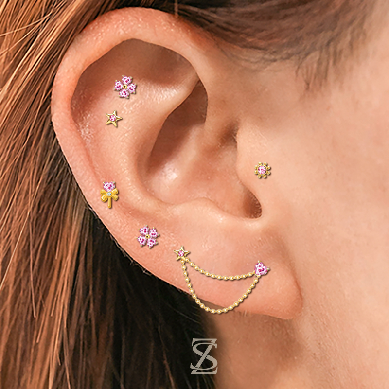 Pink Bubble Series Four Heart Zircon Cartilage Earrings Jewelry Wholesale