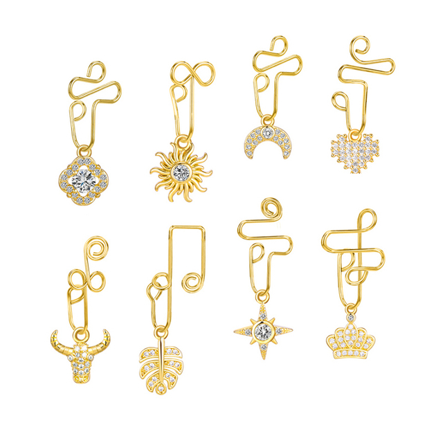 Crown Moon Cow Nose Cuffs Brass Non Piercing Body Jewelry NBD027GD-BR-1