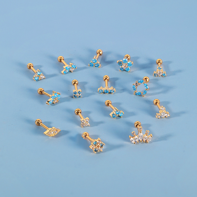 Stainless Steel Stud Earrings Blue Geometric Diamond NEG005GDLB-SB6-1