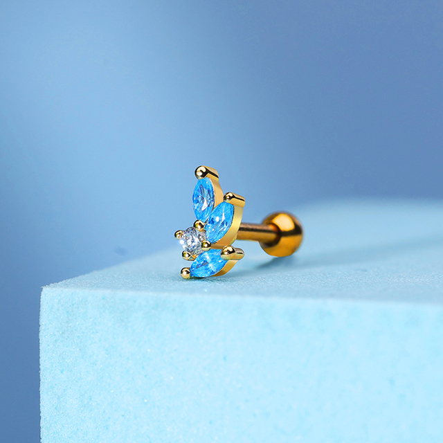 Stainless Steel Stud Earrings Blue Geometric Diamond NEG005GDLB-SB6-1