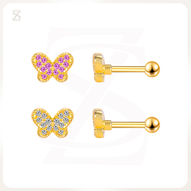 Pink Bubble Butterfly Solid Custom Pierced Ear Lobe Stud Earrings