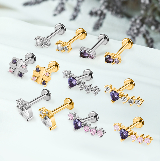 Lavender Series Stainless Steel Ear Labret Flat Back Stud Earring Jewelry NCB-CDSB-250041GD