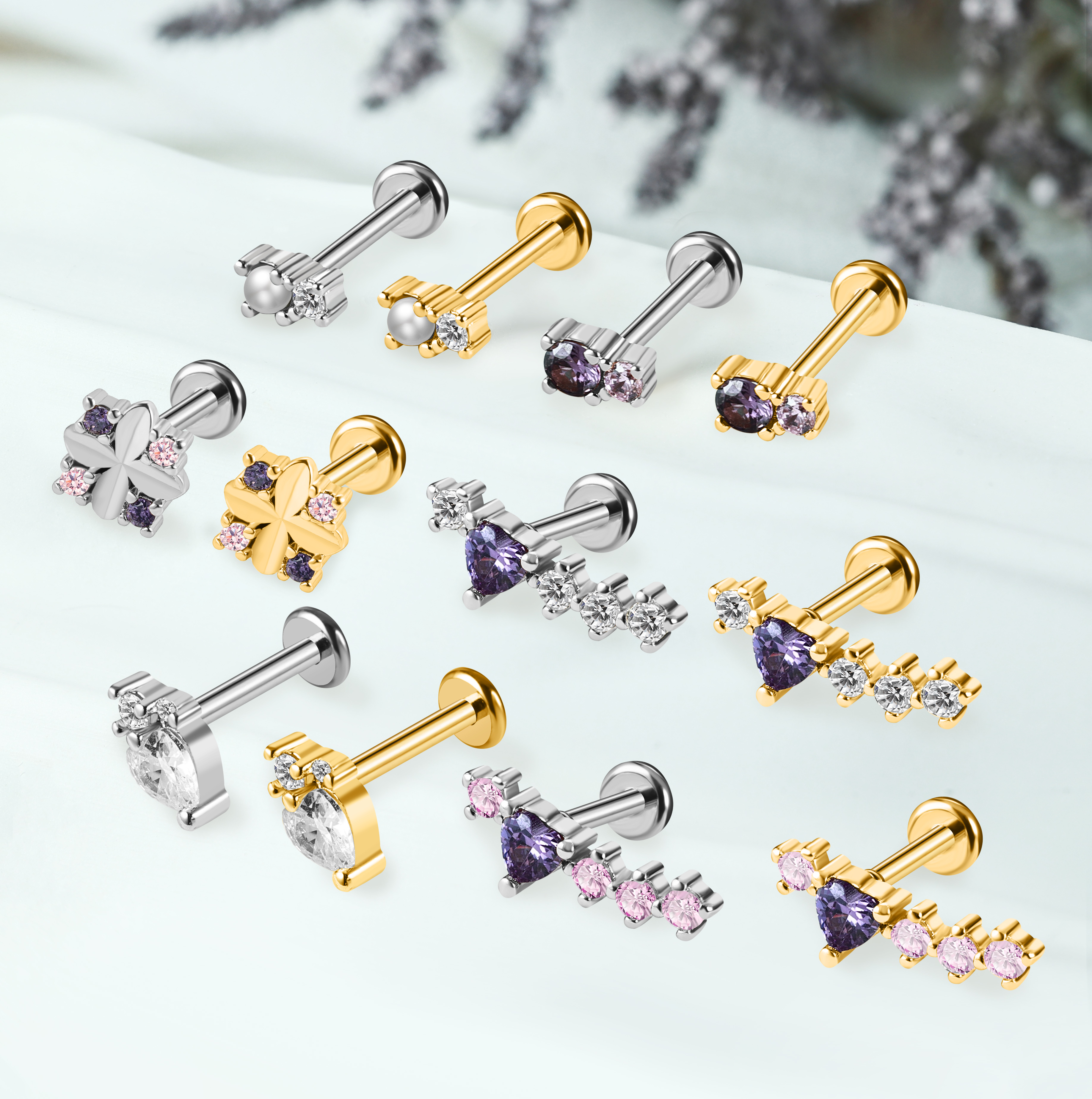 Lavender Series Stainless Steel Ear Labret Flat Back Stud Earring Jewelry NCB-CDSB-250041GD