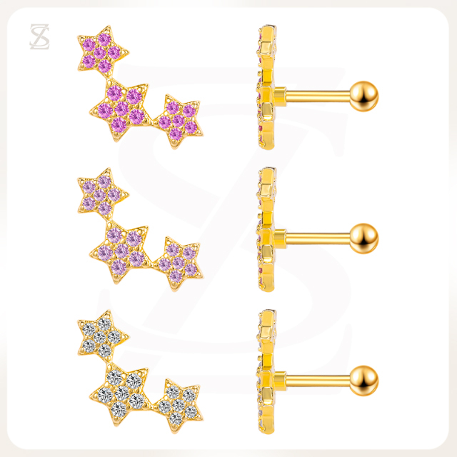 Pink Bubble Series Three Star Shape Cartilage Earrings Jewelry Wholesale
